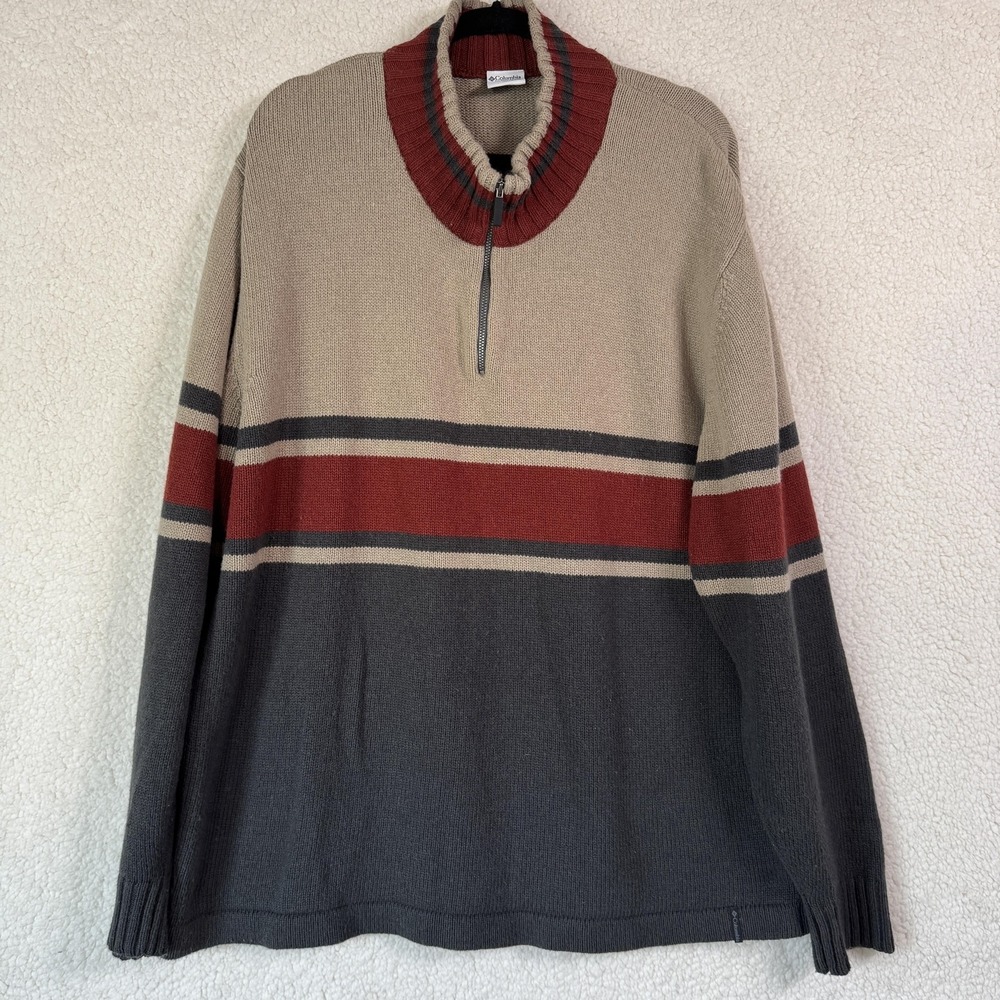 Columbia Sweater Mens 2XL Gray Red Half Zip Pullover Striped Cotton Wool Knit